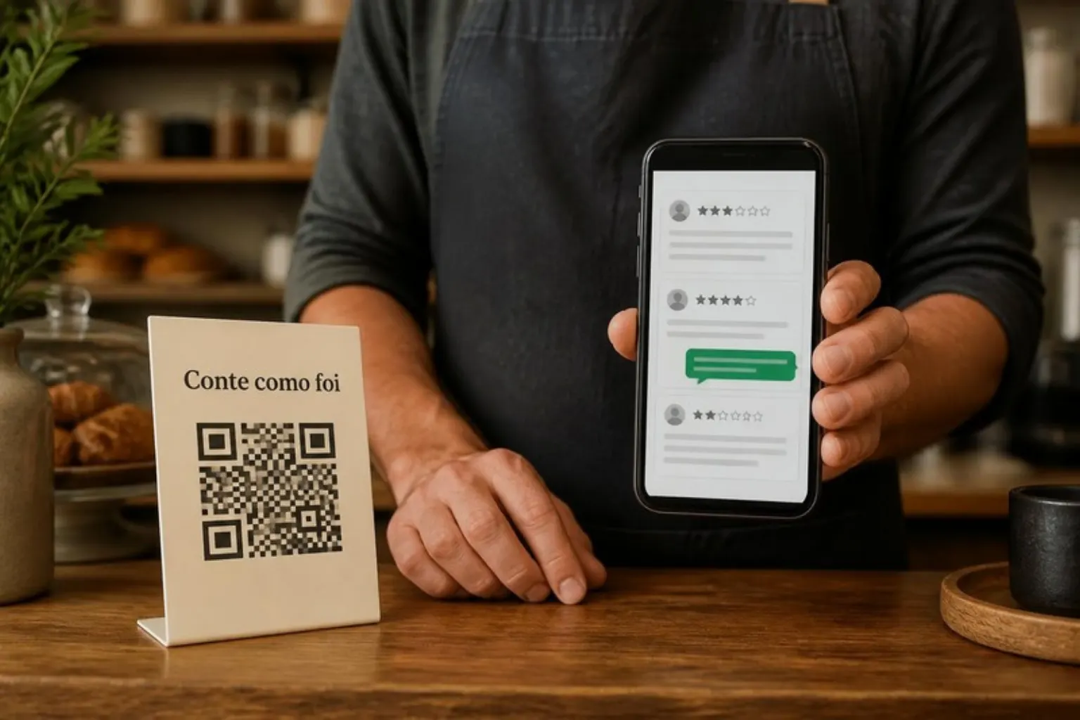 Balcão de uma padaria com um display “Conte como foi” e um código QR ilustrativo; uma pessoa de avental segura um celular com três avaliações fictícias e uma resposta destacada em verde.