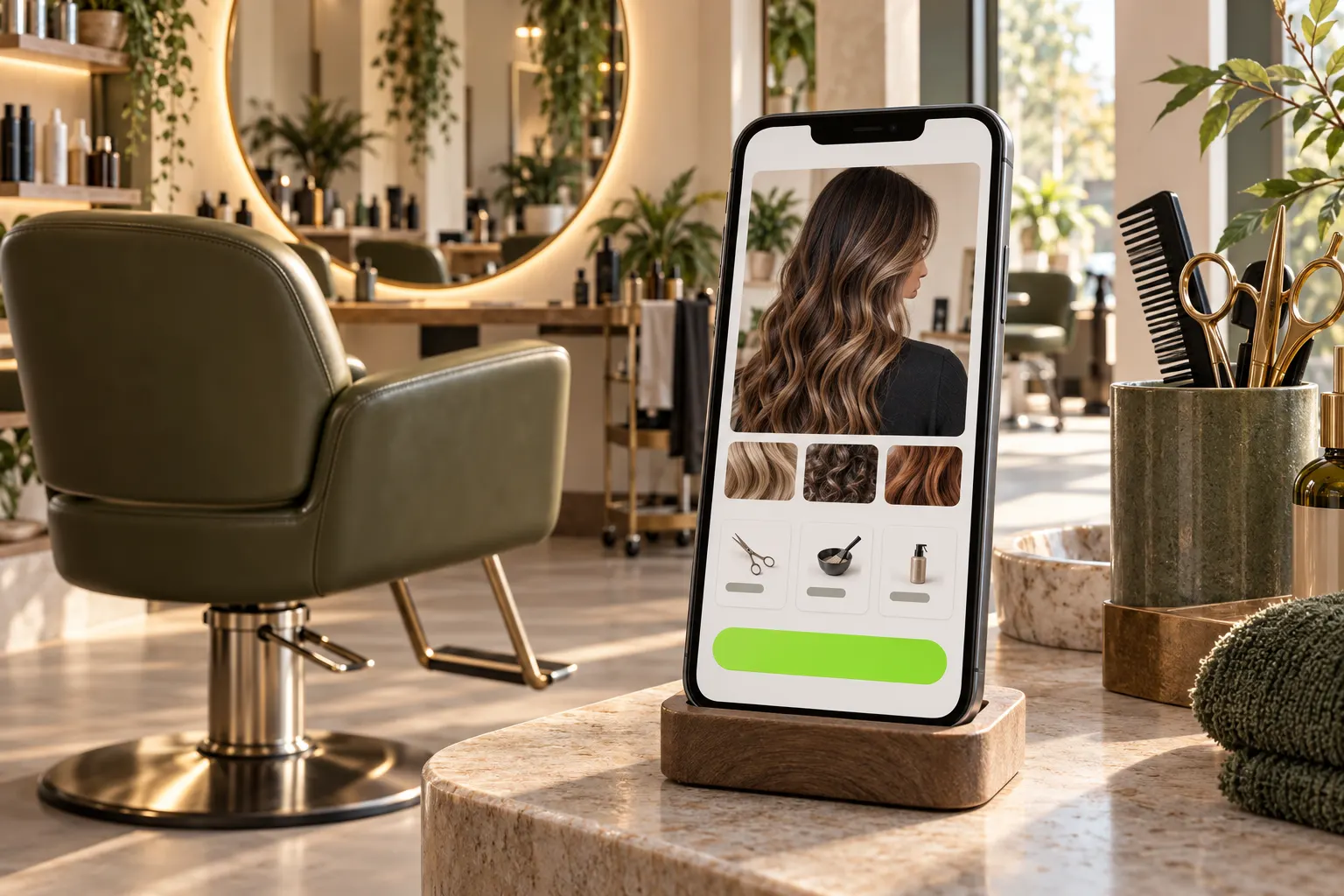 Bancada de salão fictício com espelho, ferramentas de cabelo e celular mostrando galeria de penteados e categorias de serviços, sem rostos reconhecíveis.