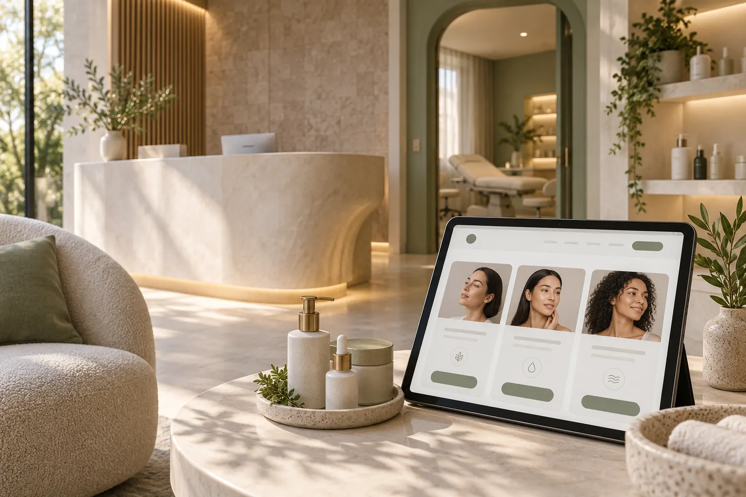 Recepção fictícia de espaço de estética com mobiliário acolhedor e tablet mostrando informações de serviços e equipe, sem pacientes nem comparações corporais.