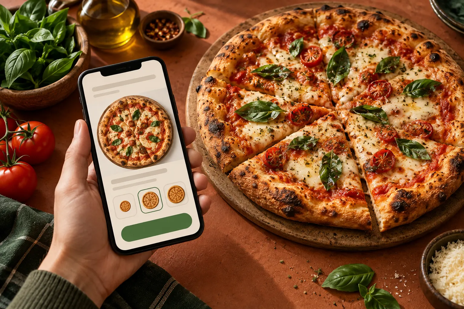 Pizza artesanal e celular com cardápio ilustrativo, opções visuais de tamanho e botão de contato sem texto.