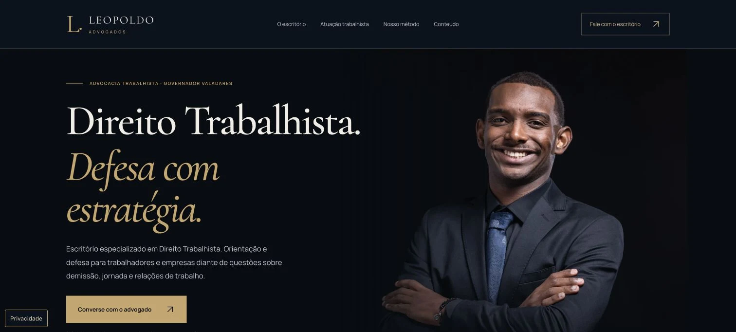 Página inicial de Leopoldo Advogados, projeto desenvolvido pela Lork