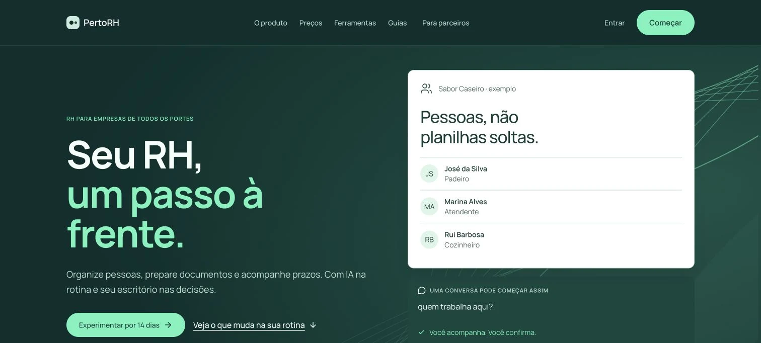 Página inicial de PertoRH, projeto desenvolvido pela Lork